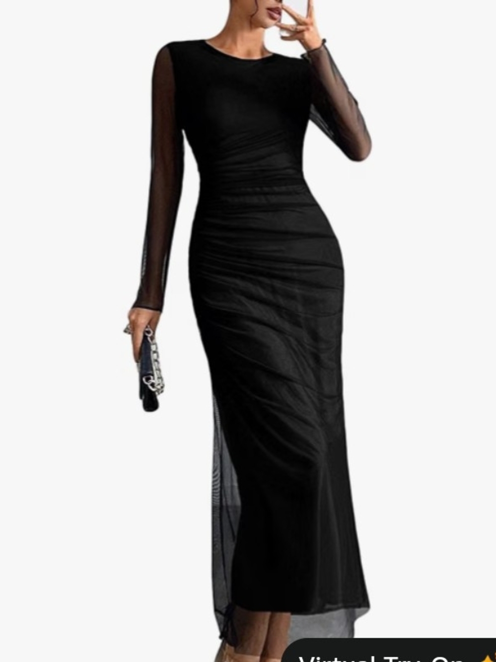 Sophisticated Black Long-Sleeve Mesh Gown
